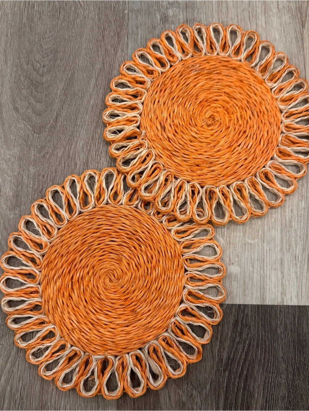 Vintage Woven Trivets Raffia Orange Set of 2 8” Bohemian 70s Retro Kitchen